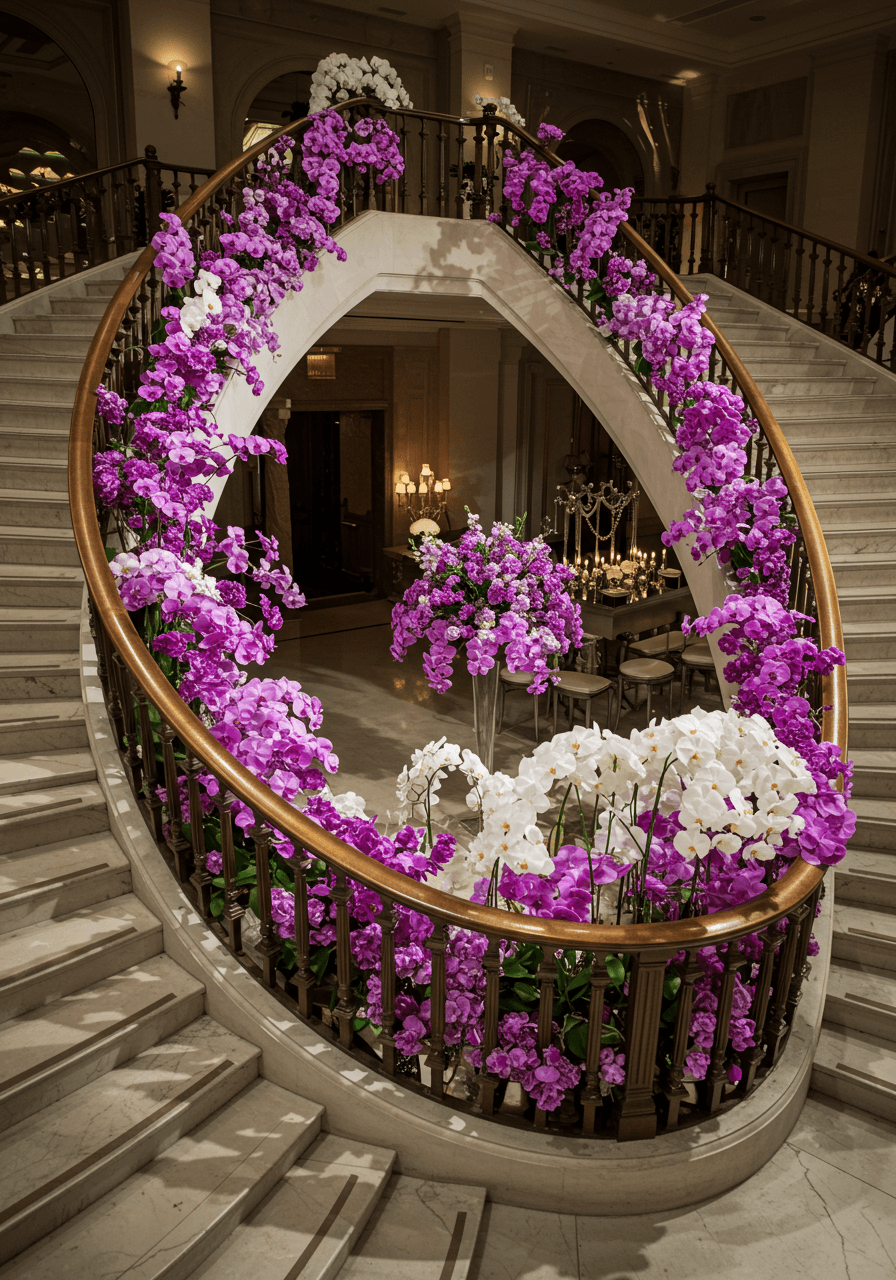 Wide view of curved staircase featuring asymmetrical purple orchid arrangements with bronze handrails and spotlighting