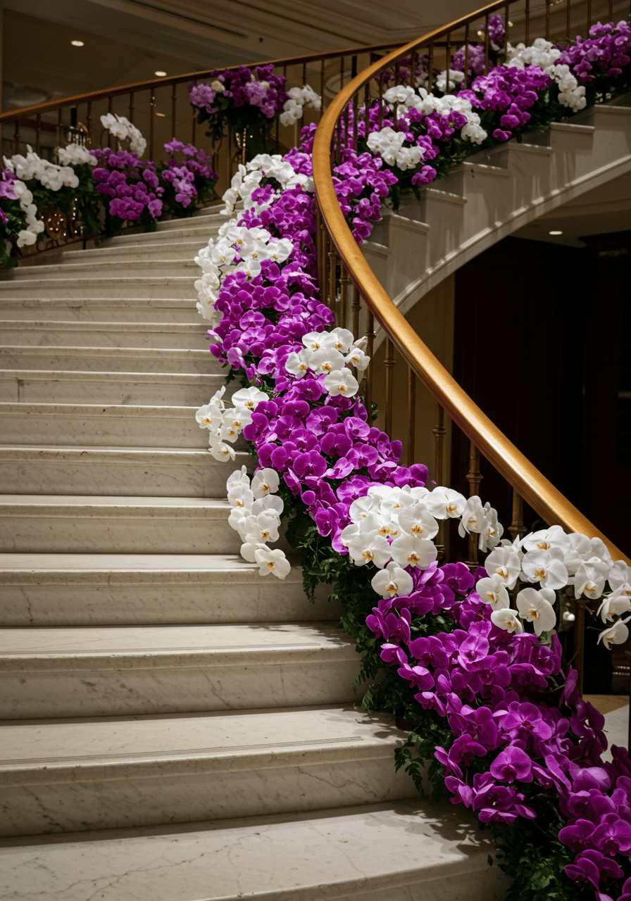 Close-up of purple and white orchid installations on curved marble staircase with dramatic chiaroscuro lighting