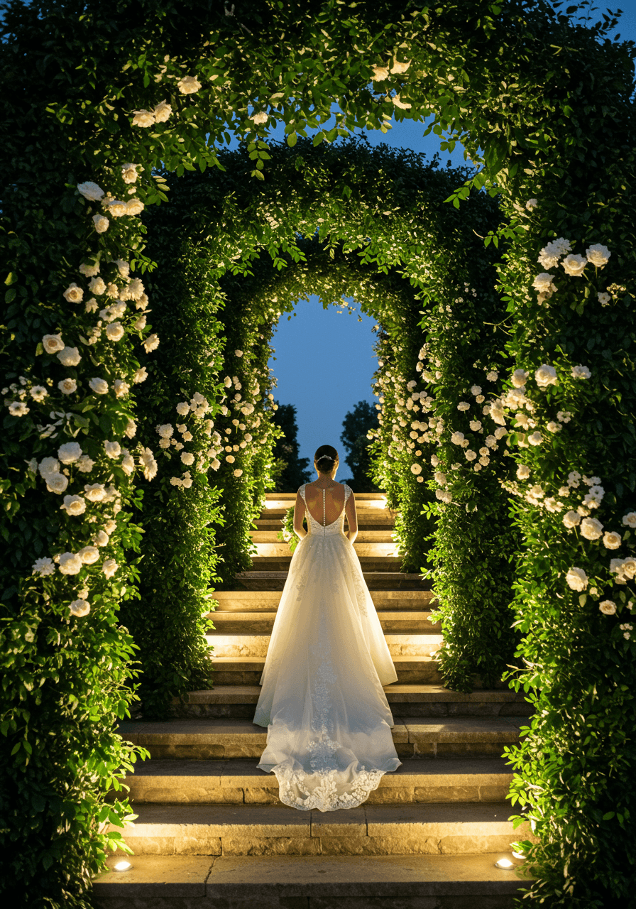 Bride in elegant white gown between towering living walls of greenery, white roses, and cascading ivy
