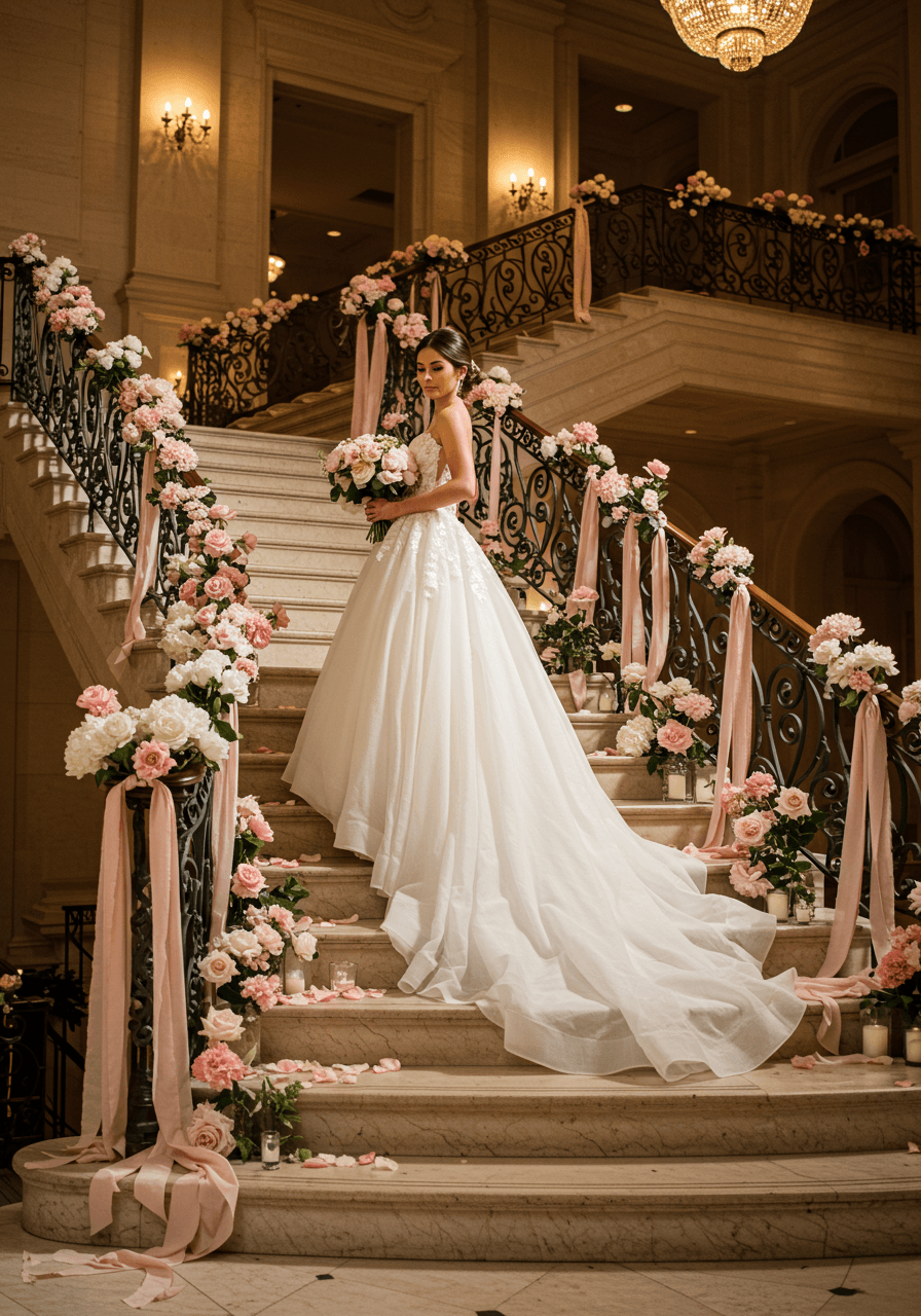 Elegant bride walking down grand staircase adorned with flowing silk ribbons in blush and ivory tones