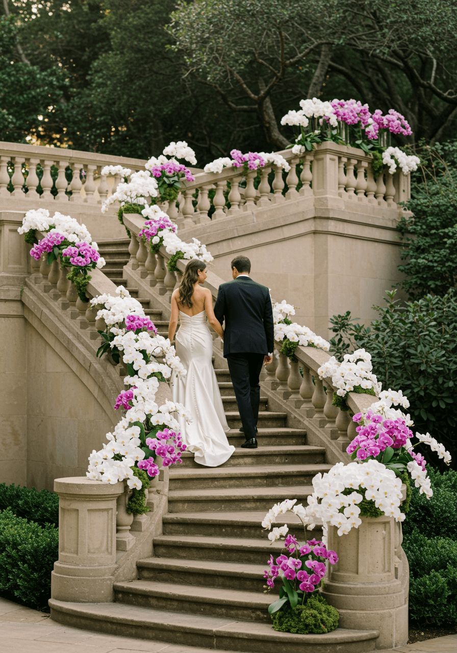 Bride and groom walking down curved stone steps with asymmetrical white and purple orchid installations in outdoor venue
