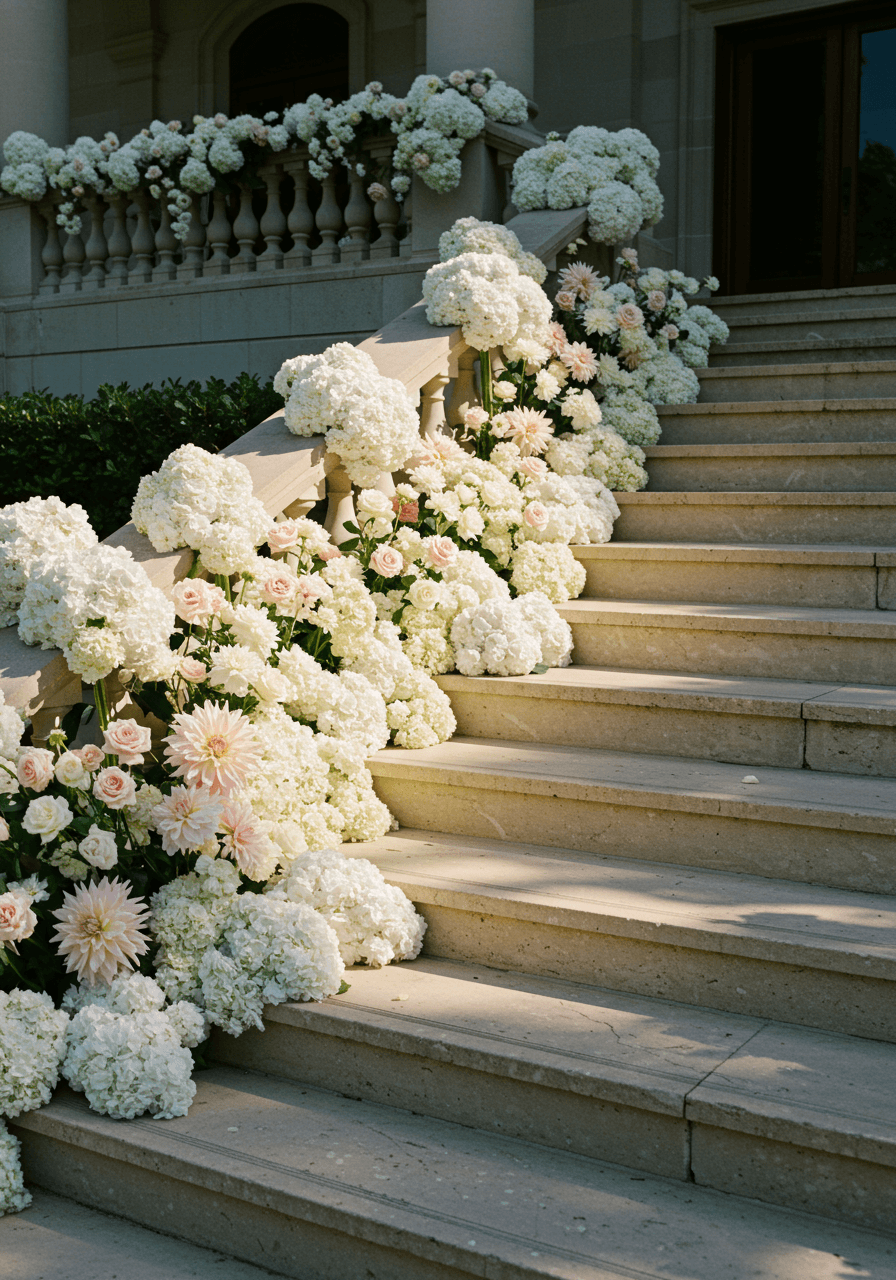 Close-up detail of oversized floral arrangements casting geometric shadows across travertine wedding staircase