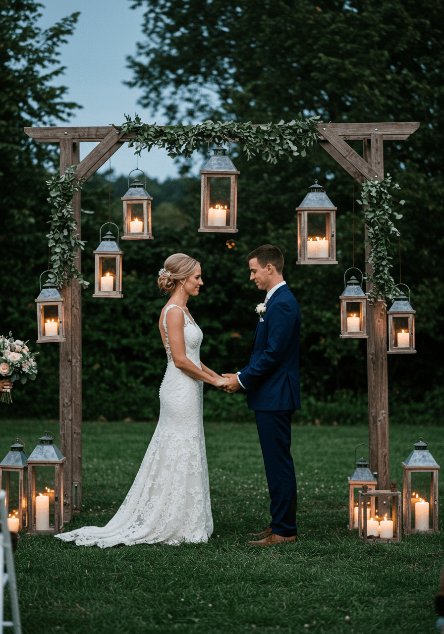 Bride and groom exchanging vows beneath rustic wooden arch with hanging lanterns in garden at blue hour