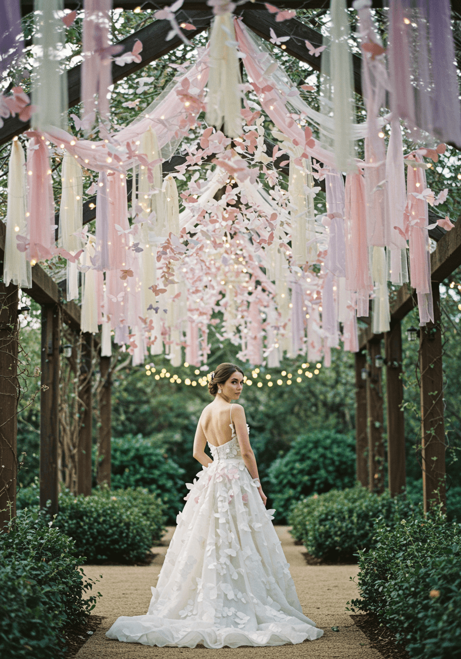 Bride in butterfly-appliqué gown standing beneath suspended paper and silk butterfly canopy in garden pavilion
