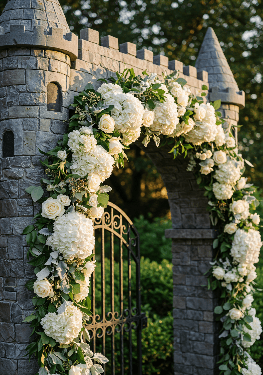 Castle gateway wedding arch with white hydrangeas, garden roses, and eucalyptus garlands in outdoor garden venue