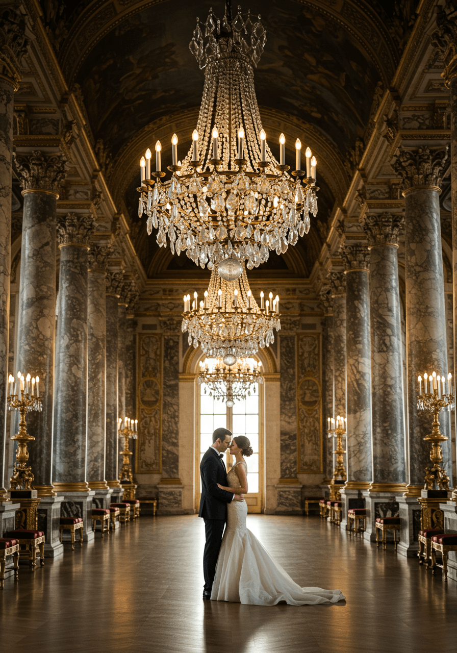 Bride and groom beneath ornate crystal chandelier in palace ballroom with marble columns and gold accents at golden hour