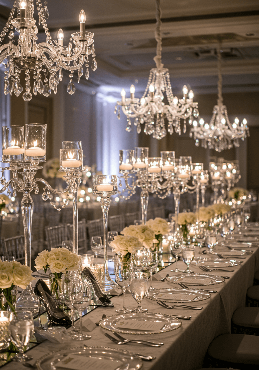 Close-up of crystal chandelier and glass hurricane candle holders with cut crystal glasses on mirrored runner