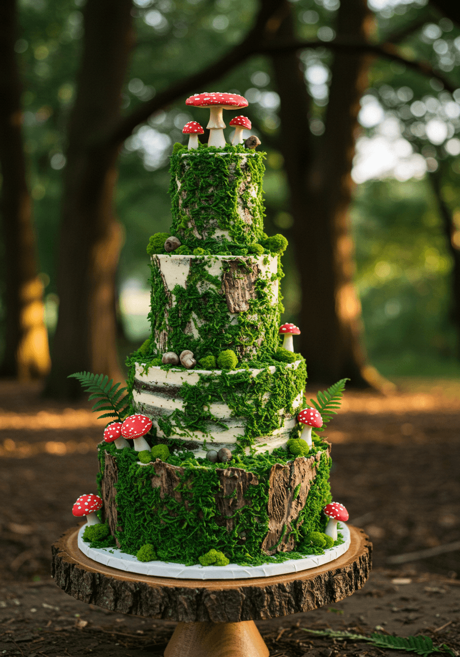 Multi-tiered wedding cake with realistic edible moss textures and delicate sugar mushrooms on rustic wooden stand in enchanted forest