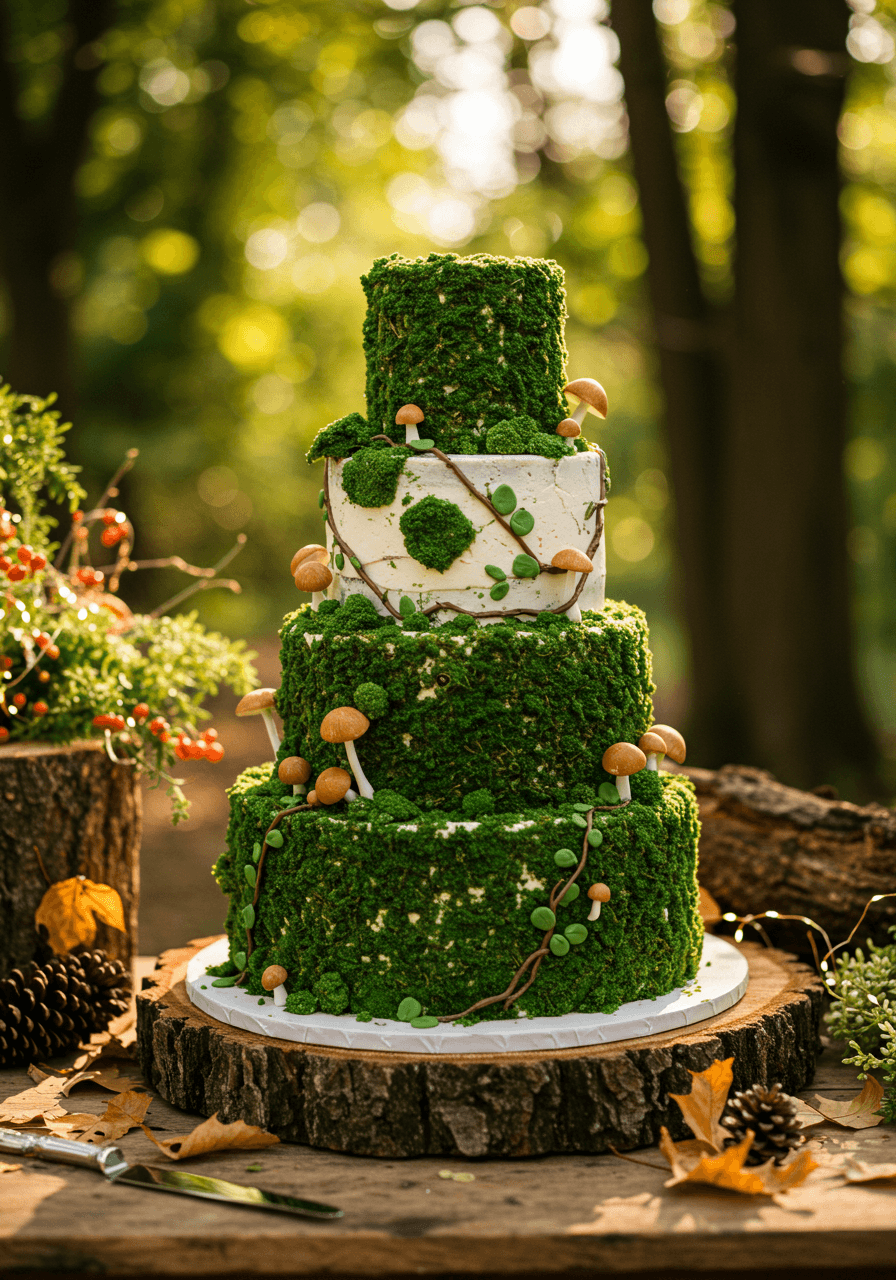 Woodland wedding cake with edible moss and sugar mushrooms on tree stump table in forest clearing at golden hour