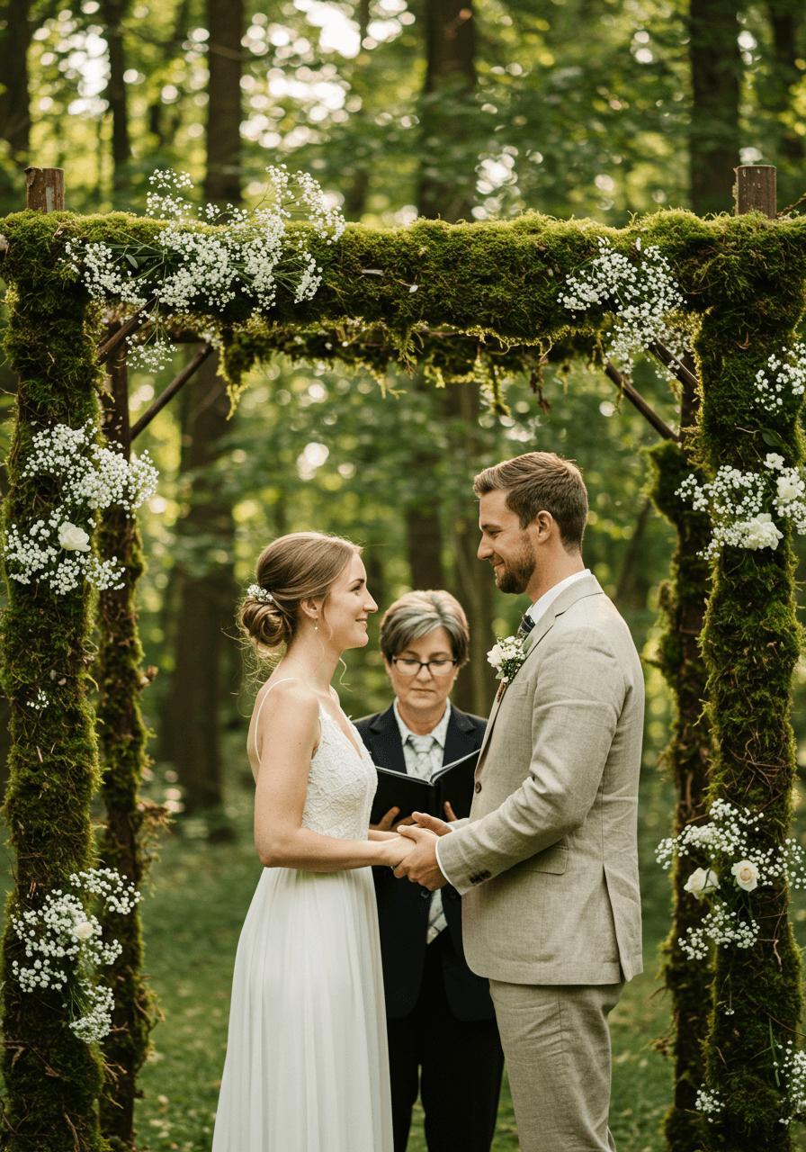 Intimate forest wedding portrait under intertwined moss-covered branches with dappled sunlight filtering through