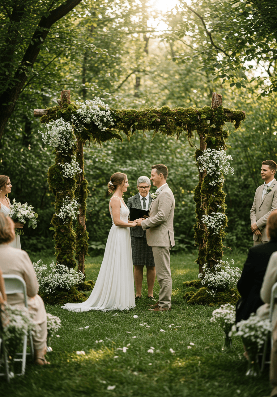 Bride and groom exchanging vows beneath natural branch archway adorned with moss and white wildflowers in sunlit forest