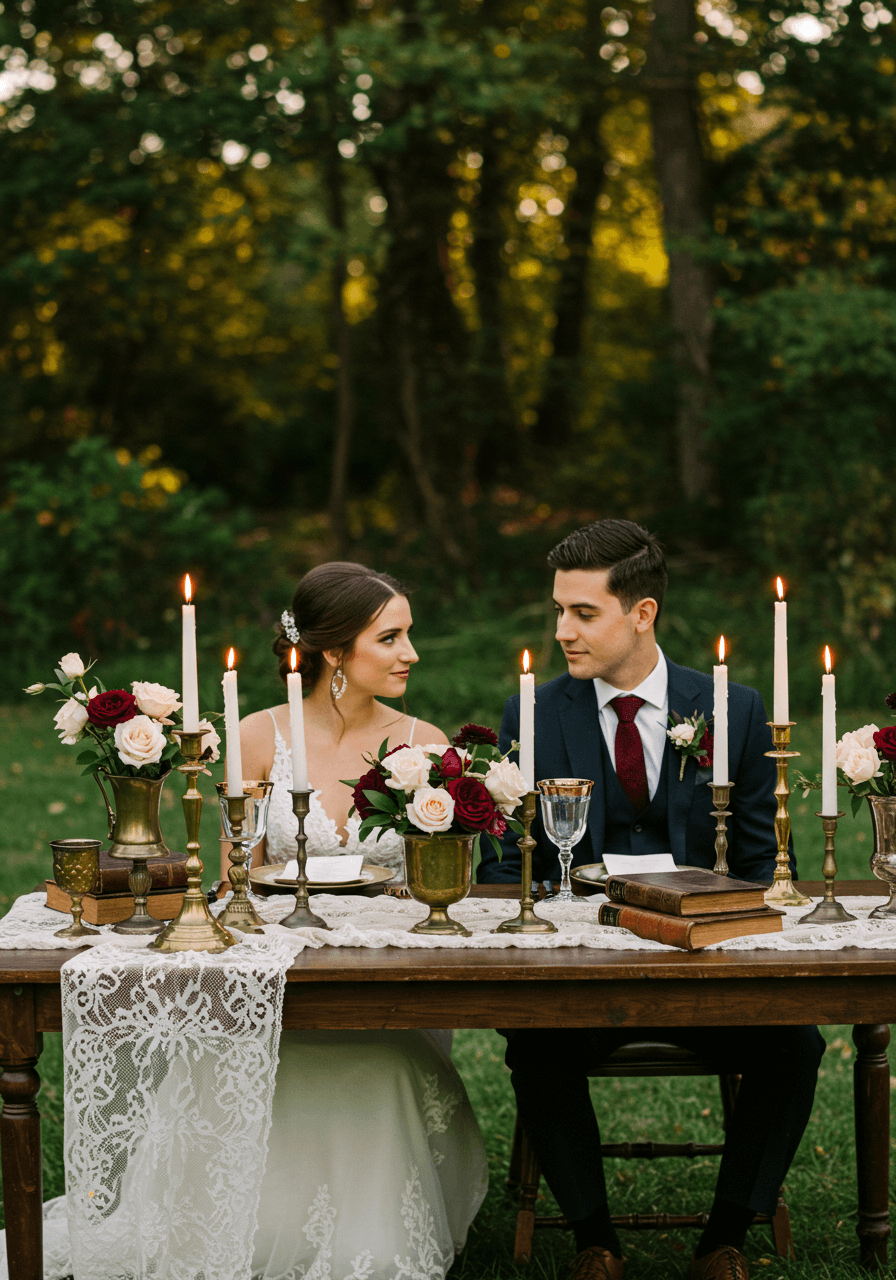 Bride and groom at vintage wedding table with brass candlesticks, leather-bound books, and antique lace in garden