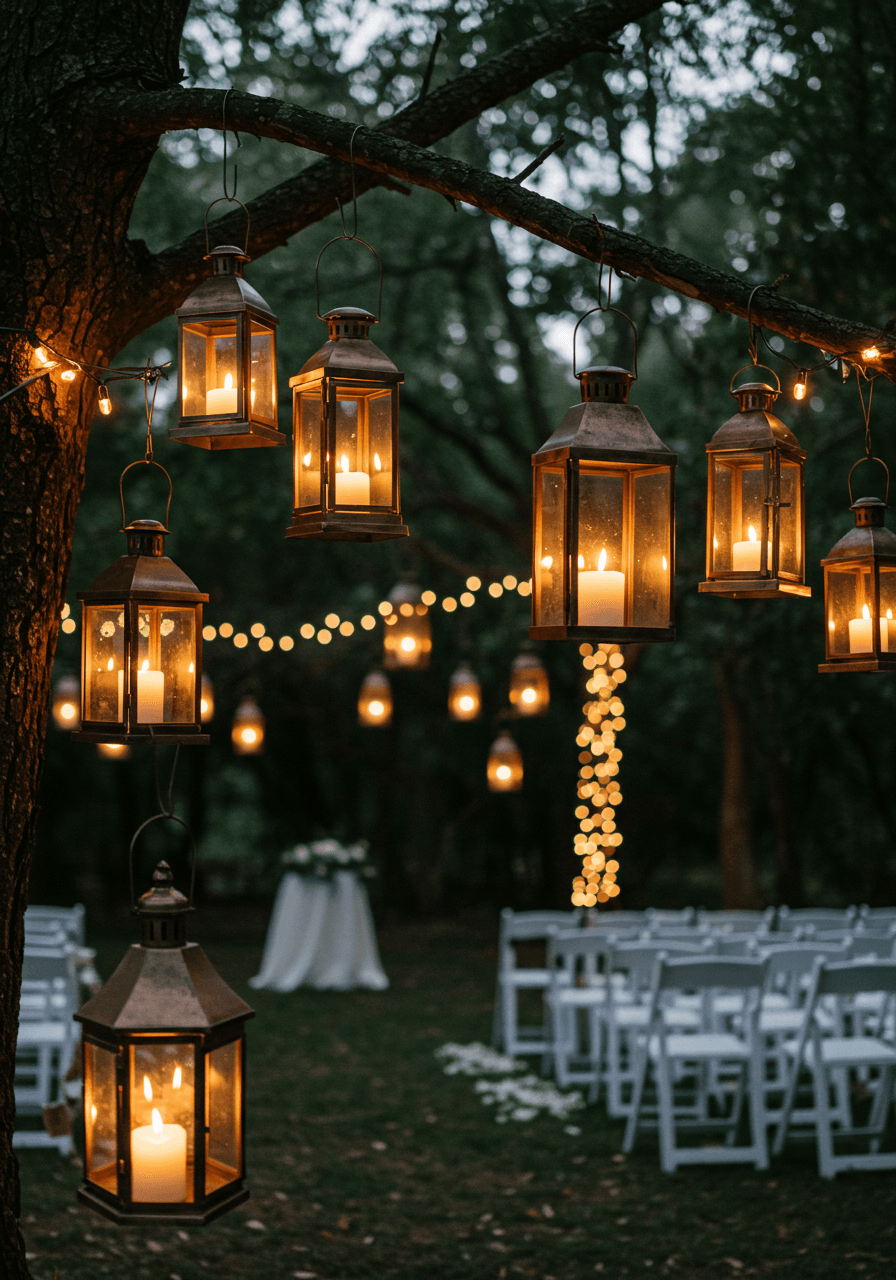Vintage-style lanterns in various sizes hanging from tree branches above outdoor forest ceremony at twilight