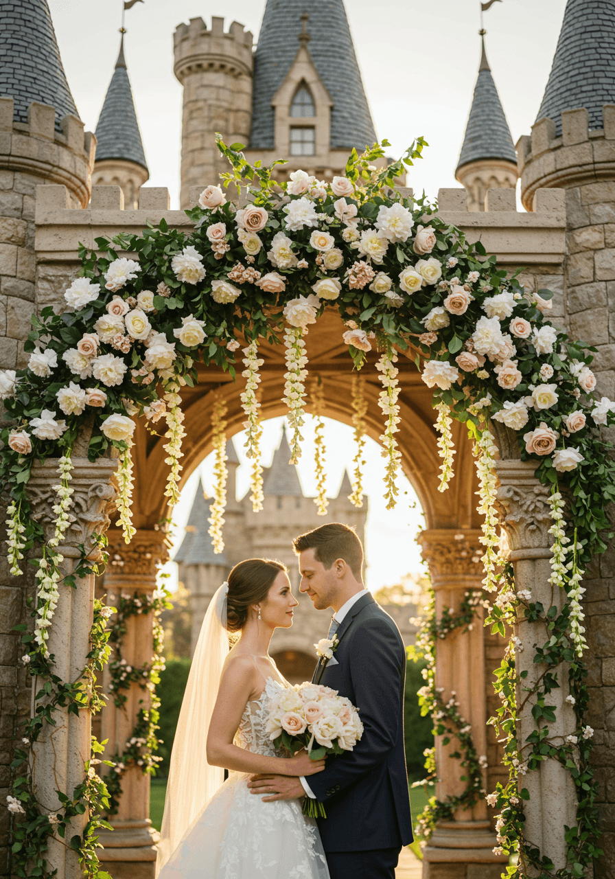 Portrait of couple beneath ornate stone castle arch with ivory florals and castle turrets in background