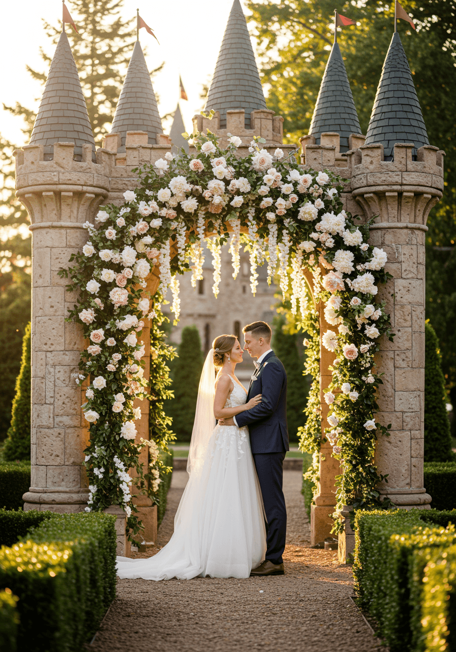 Bride and groom under fairytale castle wedding arch decorated with white roses and peonies in garden at golden hour