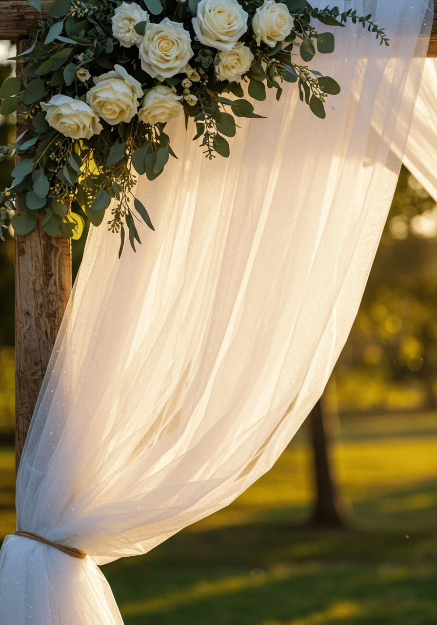 Close-up of white tulle fabric draped on rustic wooden ceremony arch with roses and golden backlighting