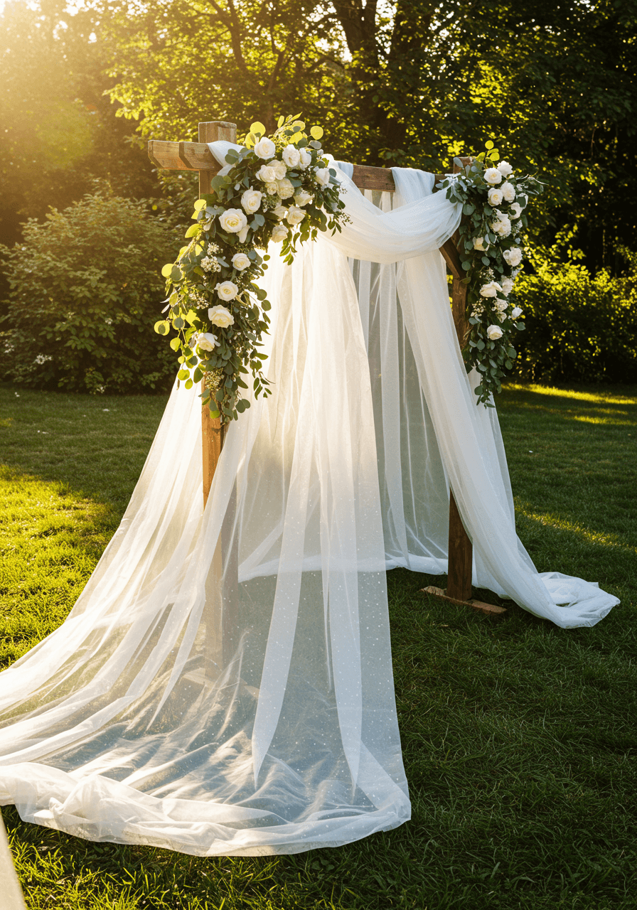 Wide angle view of tulle-draped garden wedding arch with eucalyptus and romantic dappled sunlight