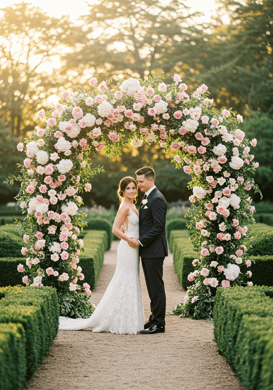 Bride and groom beneath elaborate floral arch of pink and white roses in lush garden at golden hour