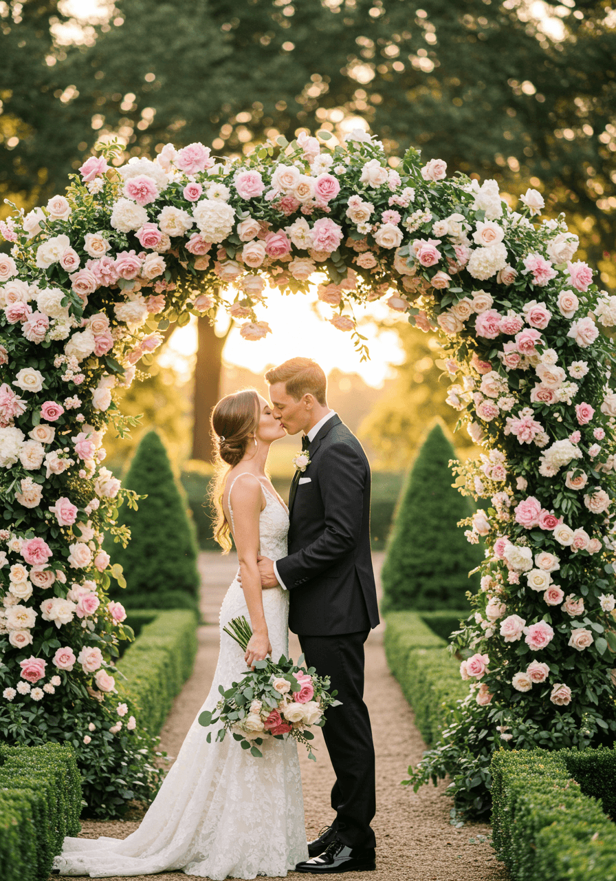 Couple kissing under romantic rose arch with trailing greenery in manicured garden setting