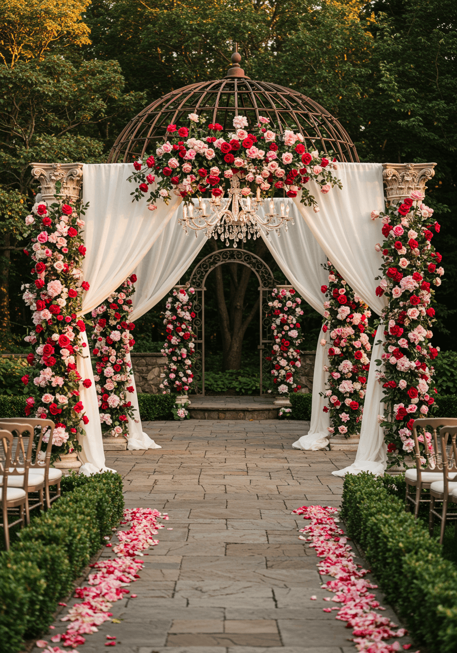 Ornate wedding ceremony backdrop with rose-covered pillars and draped fabric in outdoor garden venue at late afternoon