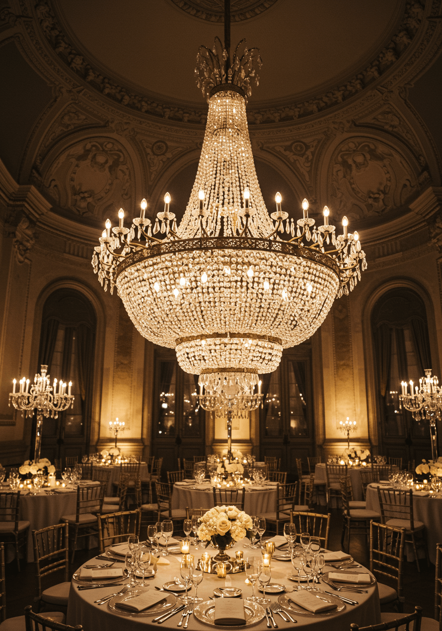 Elaborate tiered crystal chandelier hanging above elegant reception tables with fine china and silver in palace hall