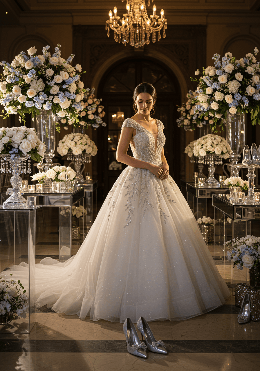 Bride in crystal-beaded ball gown with glass slipper-inspired shoes beside ornate glass pedestals at golden hour