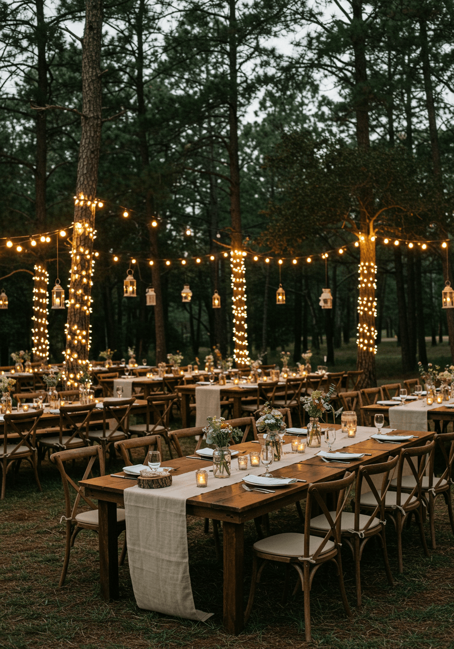 Long wooden farm tables with string lights wrapped around towering pine and oak trees at dusk wedding reception