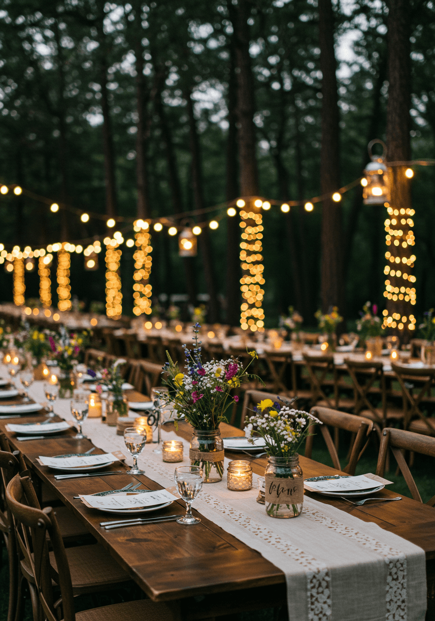 Mason jar wildflower centrepieces on rustic wooden tables with lanterns hanging from tree branches