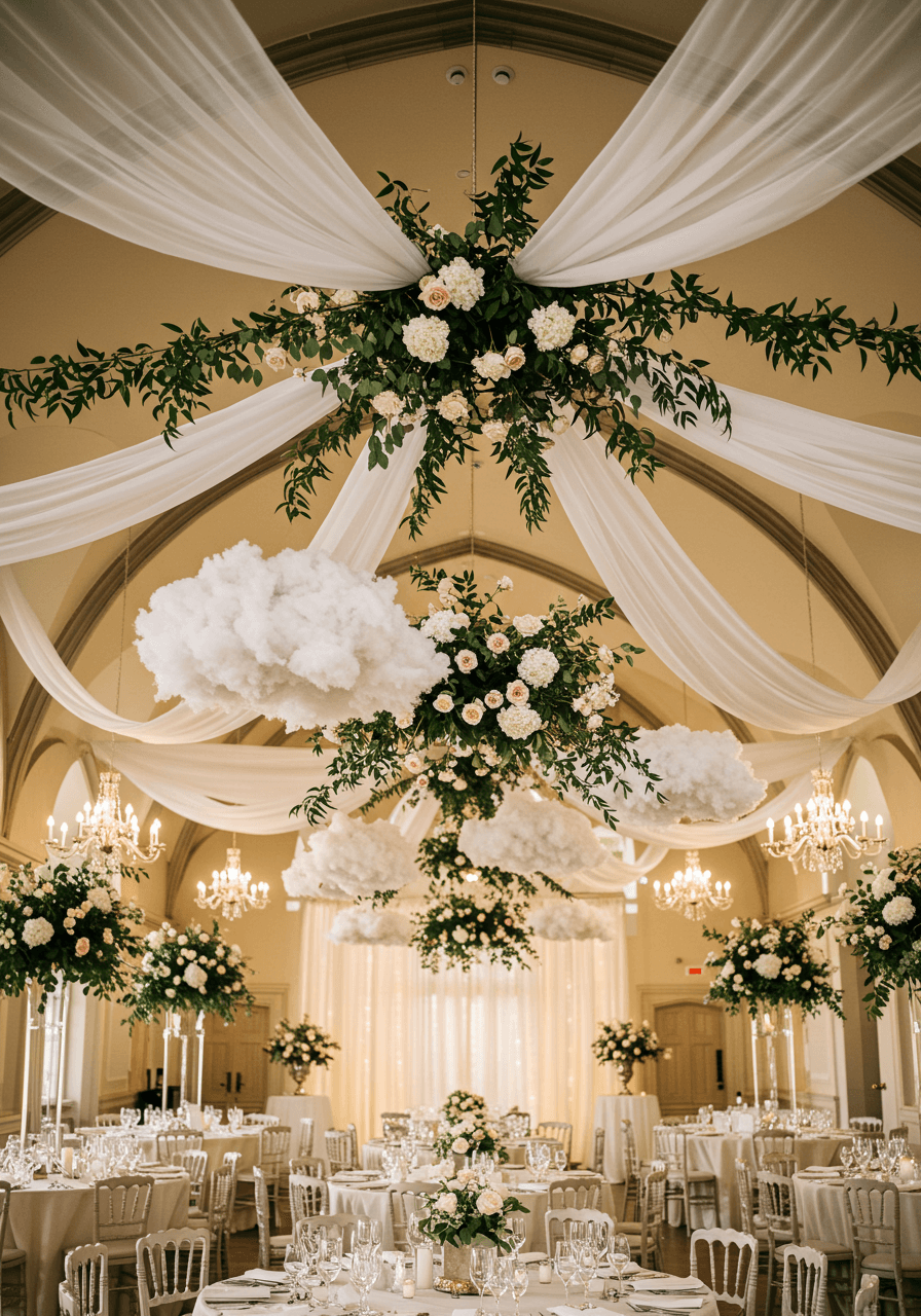 Suspended floral arrangements and white fabric clouds floating above elegant round reception tables at golden hour