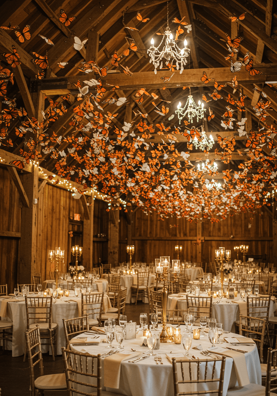 Cascading monarch and white butterflies hanging installation above elegant reception tables in rustic barn venue at evening