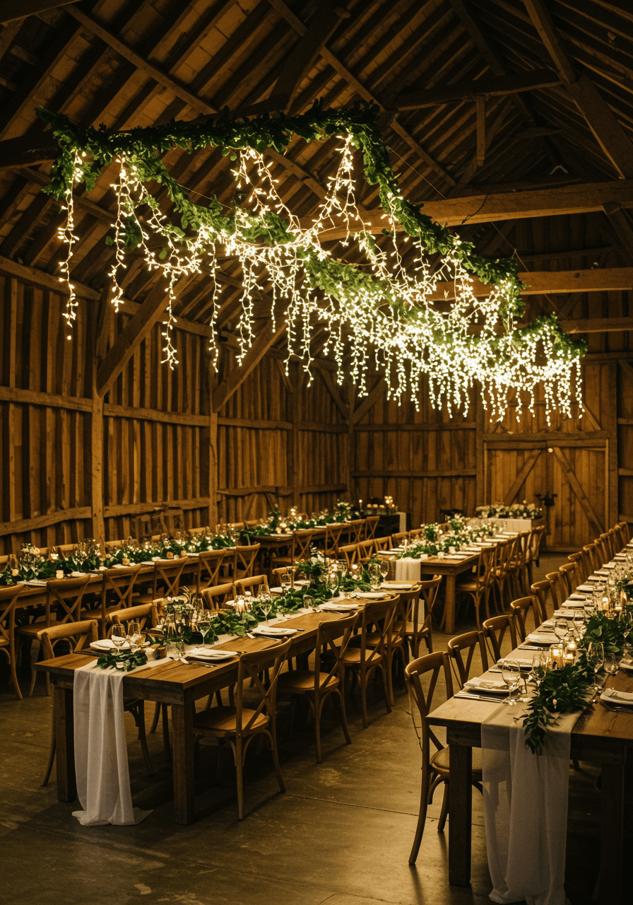 Long dining tables with fairy light installations hanging like luminous waterfalls from wooden barn beams at evening reception