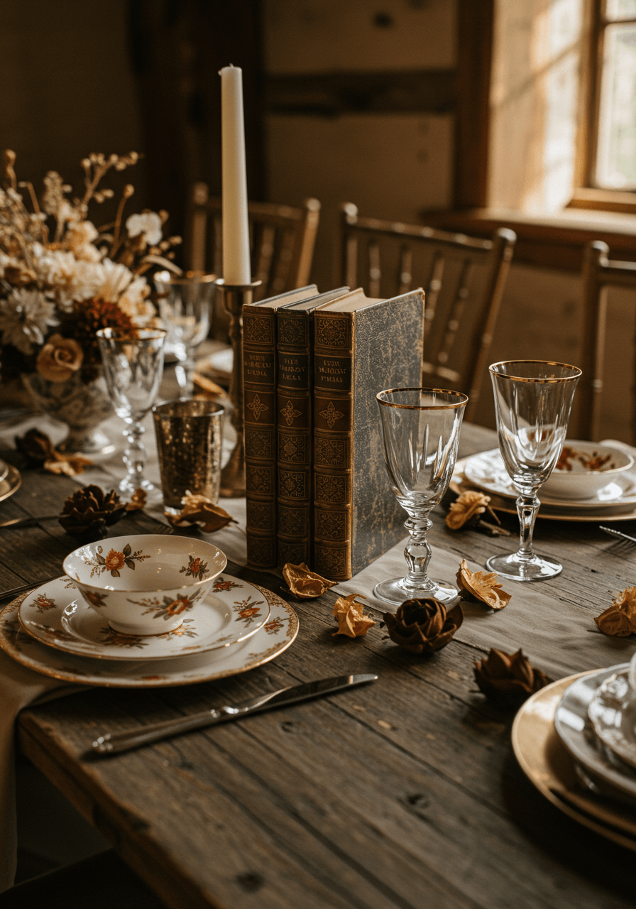 Elegant wedding table setting with vintage china, crystal stemware, and aged leather-bound books in rustic manor