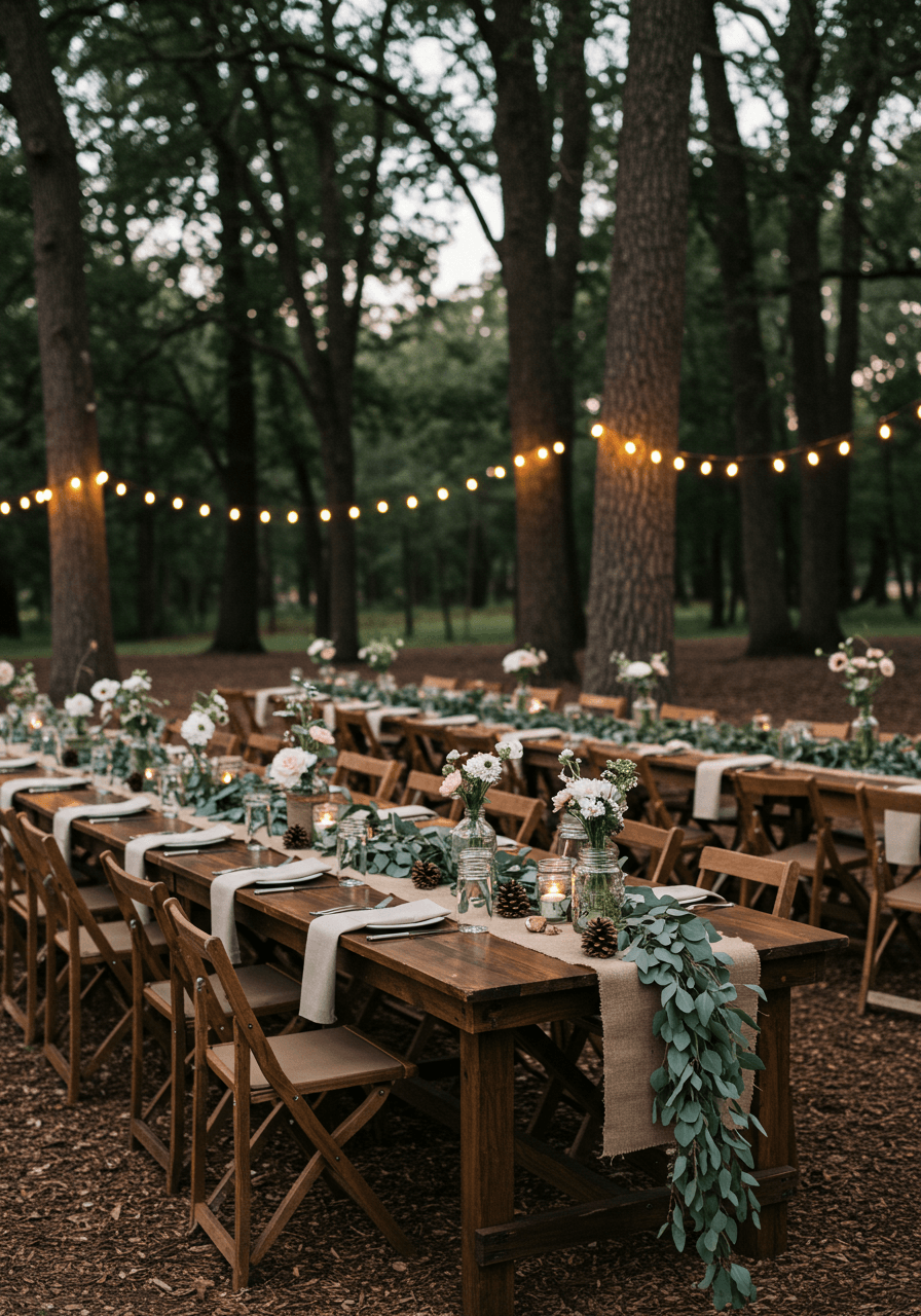 Rustic wooden farm tables with cascading eucalyptus garlands and wildflower mason jars amongst oak trees at twilight