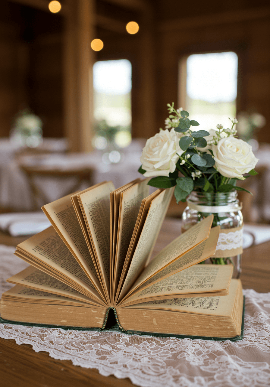 Open vintage book with fanned pages as base for white rose and eucalyptus arrangement on lace table runner in barn