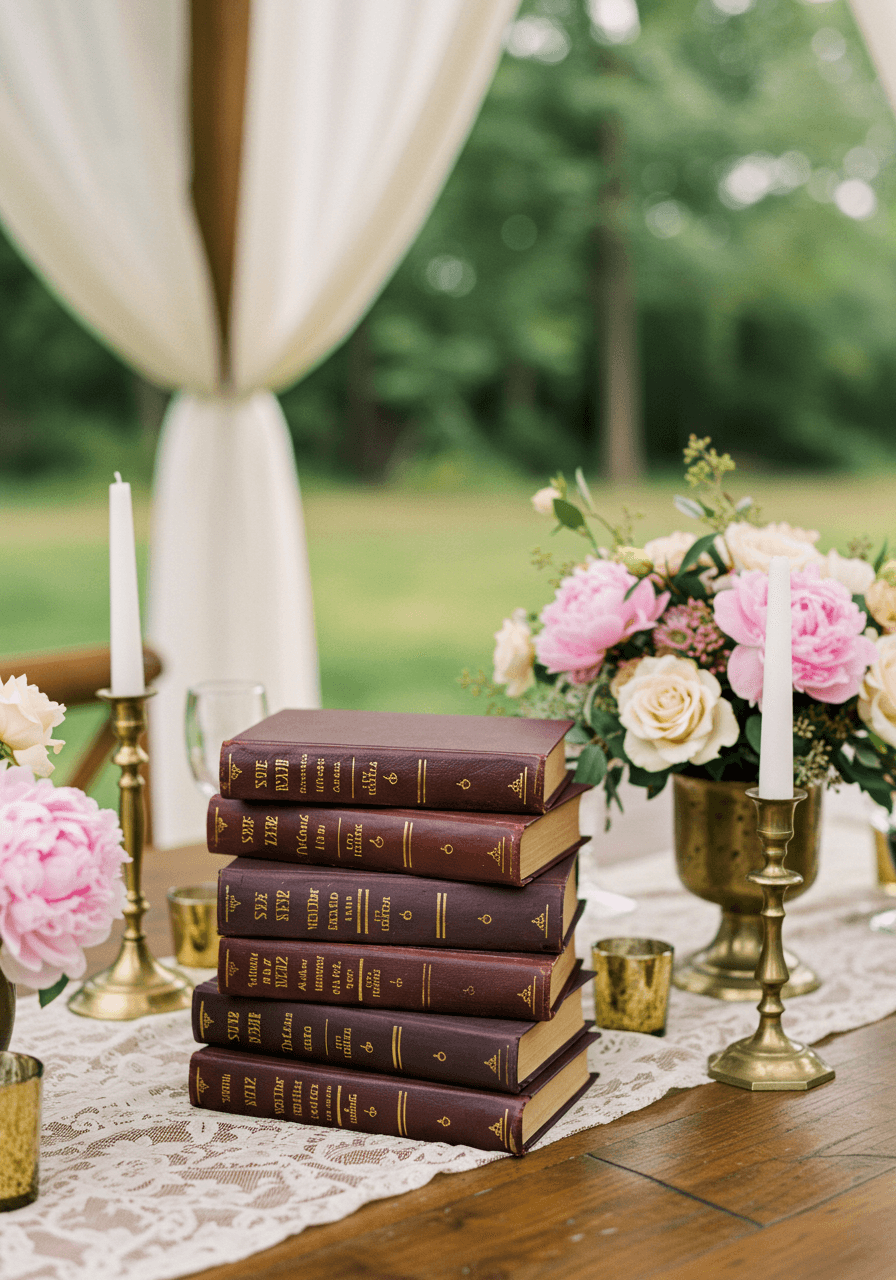 Stack of vintage leather-bound books with gold lettering as wedding centrepiece on rustic wooden table in garden pavilion