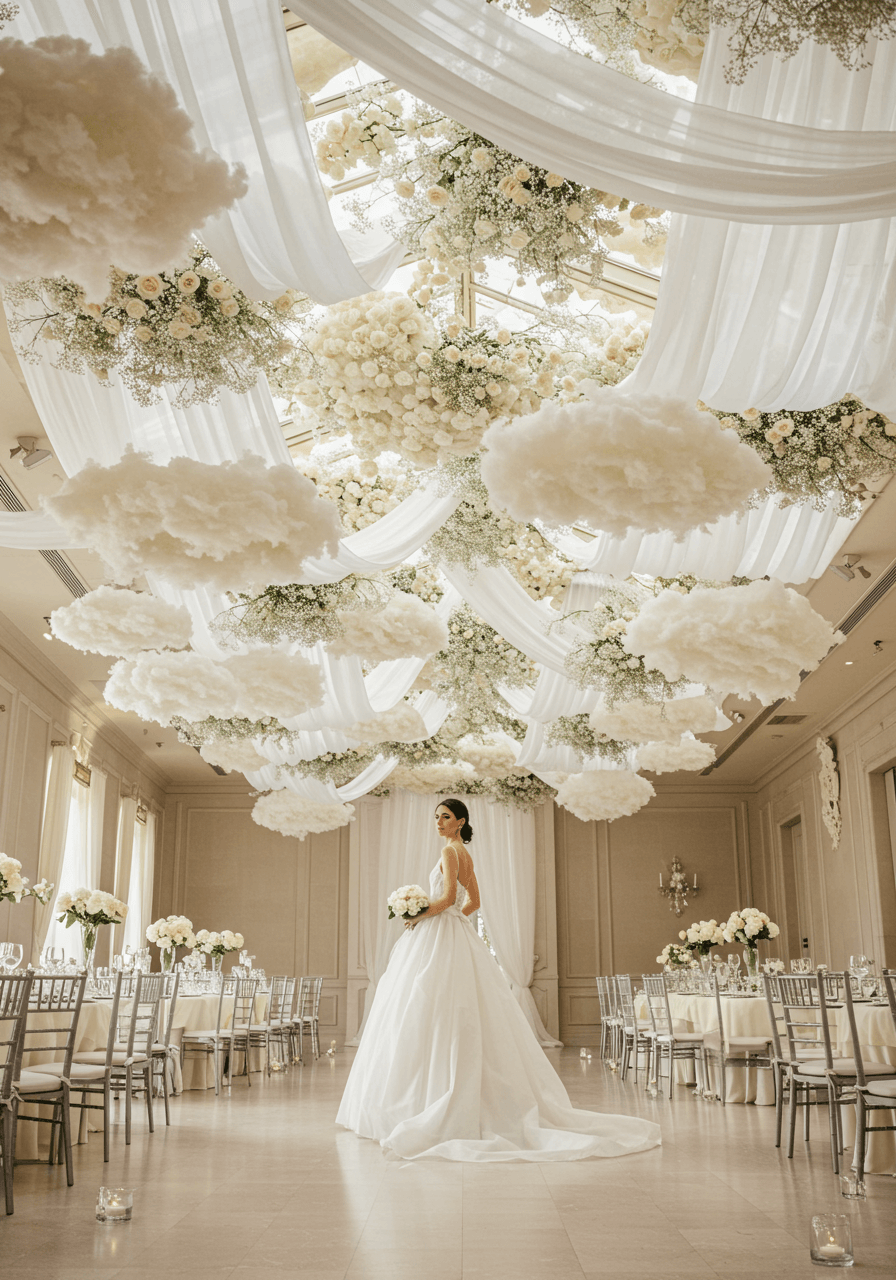 Bride in flowing white gown standing beneath elaborate ceiling installation of suspended white fabric clouds and cascading florals