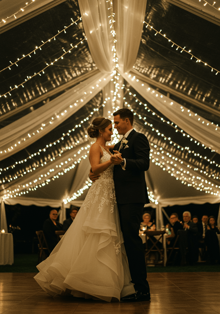 Bride and groom first dance under canopy of warm white fairy lights in elegant reception tent at twilight