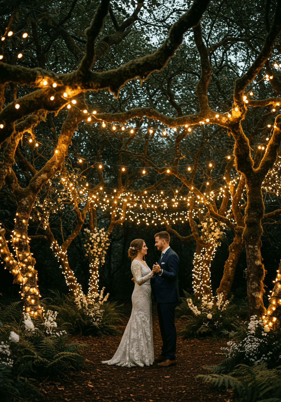 Bride and groom dancing under twinkling fairy lights in enchanted woodland setting at twilight