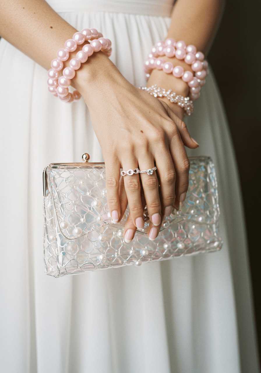 Bride's hands wearing translucent pastel pink jelly bracelets holding clear iridescent clutch purse in modern bridal suite with natural light