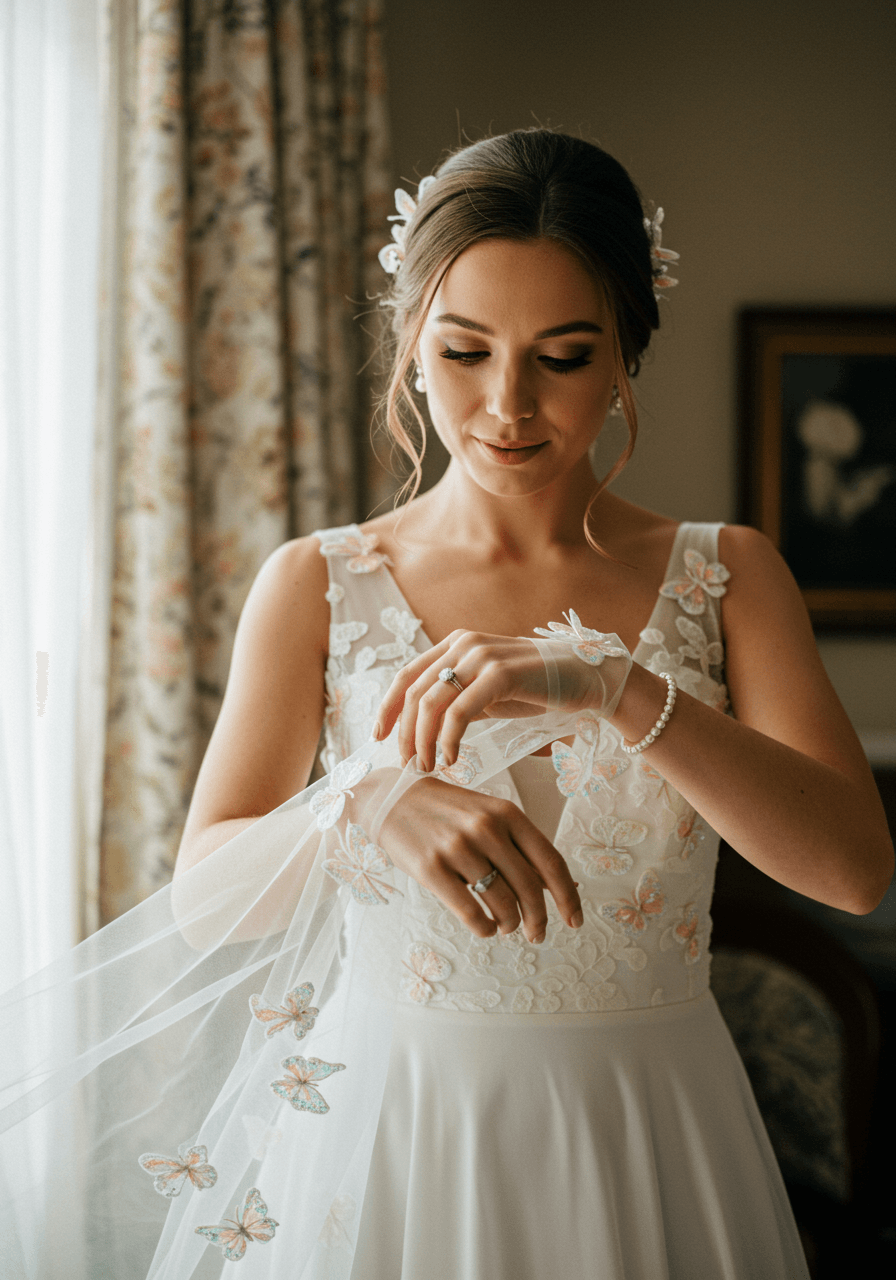 Wide shot of bridal hands wearing white and blush pink organza gloves with butterfly embroidery and pearl bracelet accent