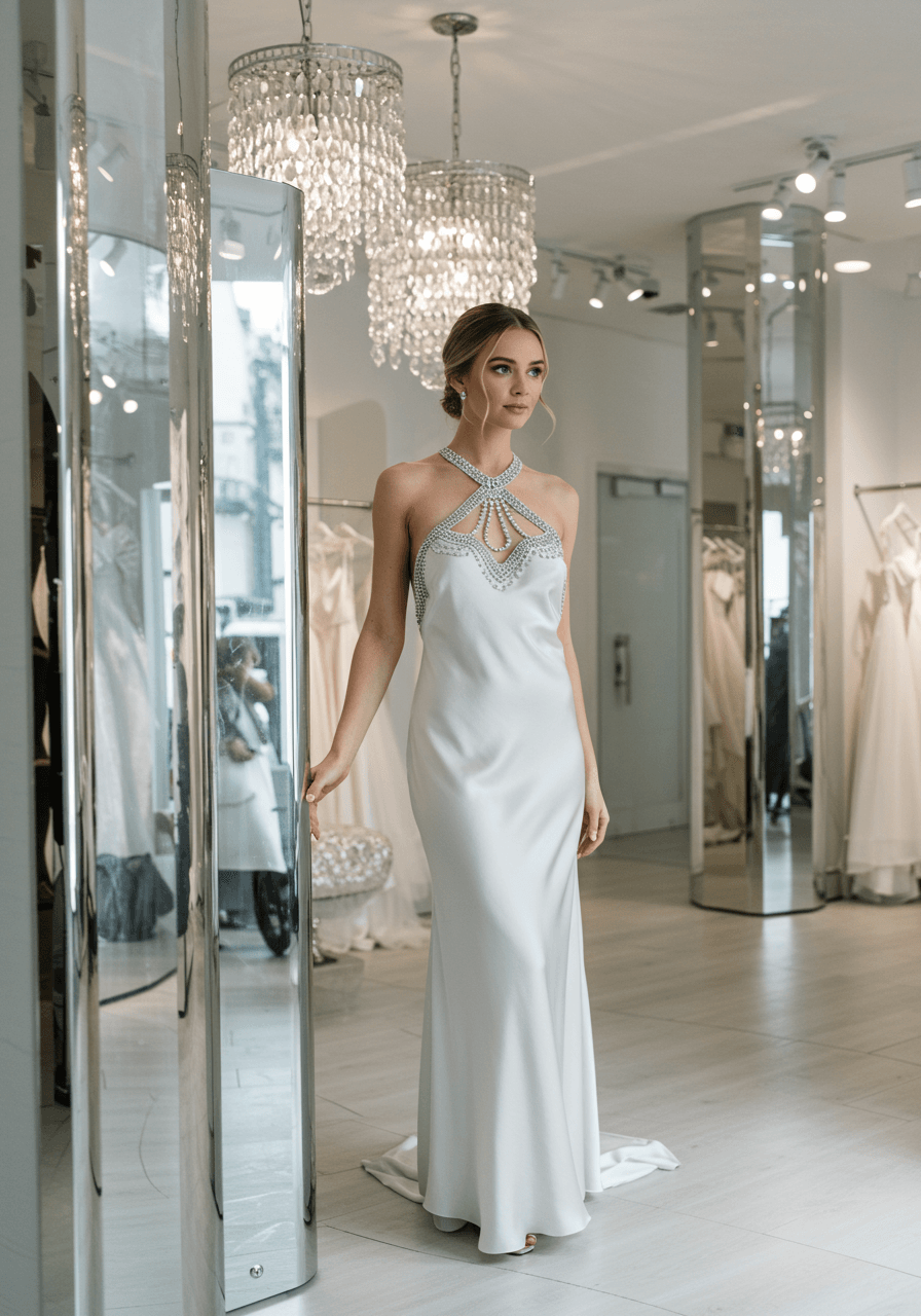 Macro shot of crystal diamanté embellishments on silver satin wedding dress halter neck with studio lighting