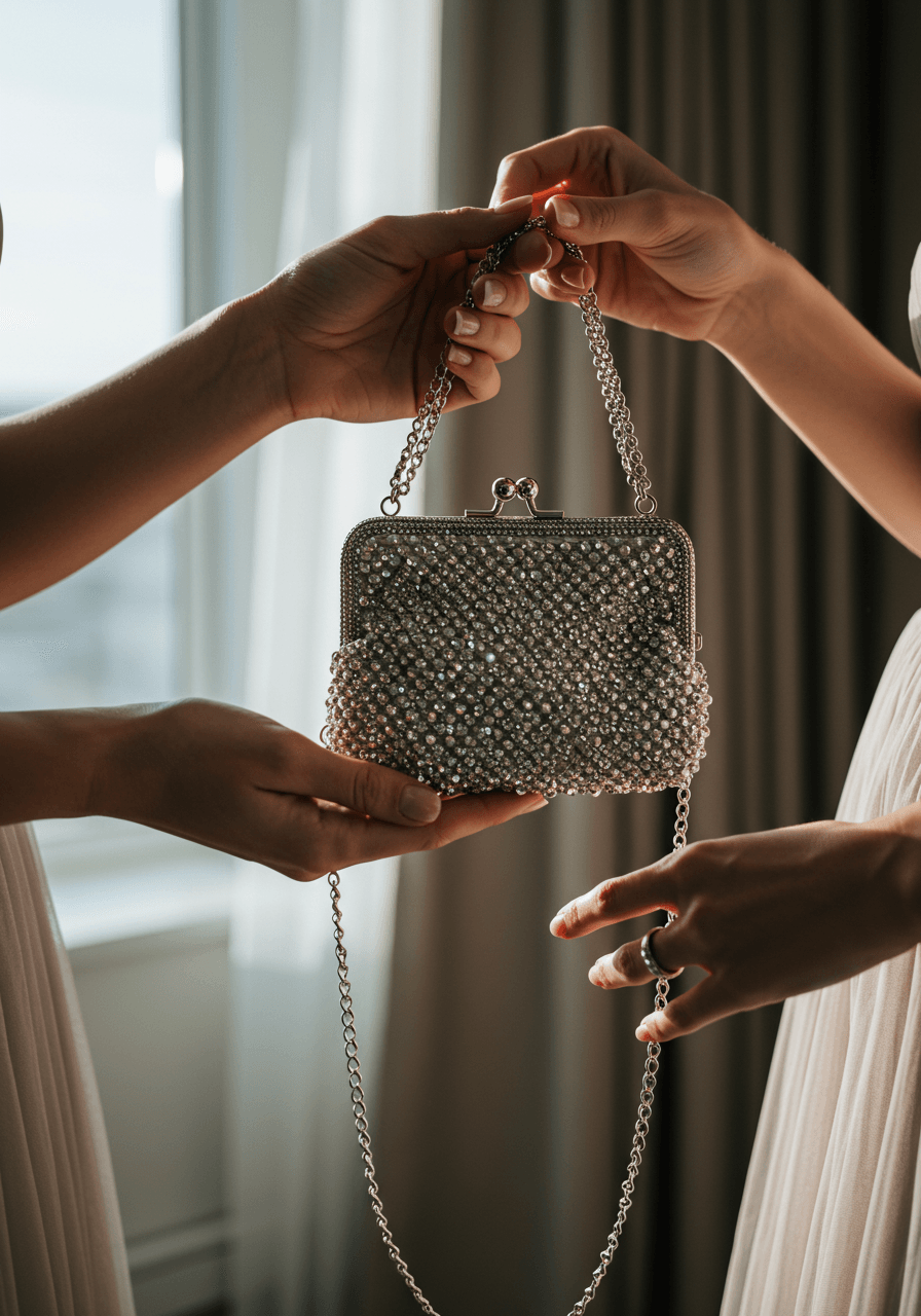 Bridesmaid's hands holding small silver beaded mini-bag with metallic mesh detailing in modern bridal suite with natural afternoon light