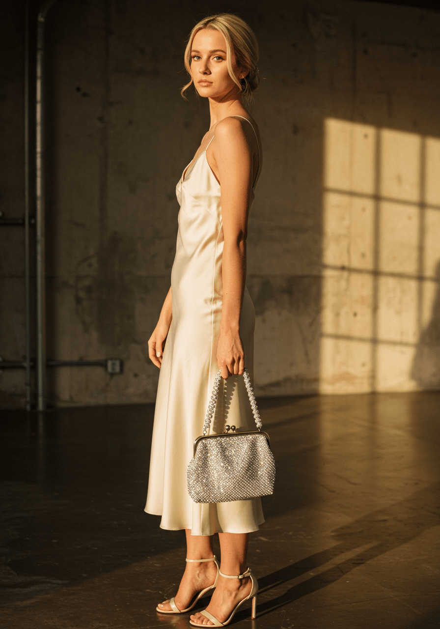 Bridesmaid in champagne slip dress holding reflective silver beaded mini-bag in minimalist loft with exposed concrete walls during golden hour