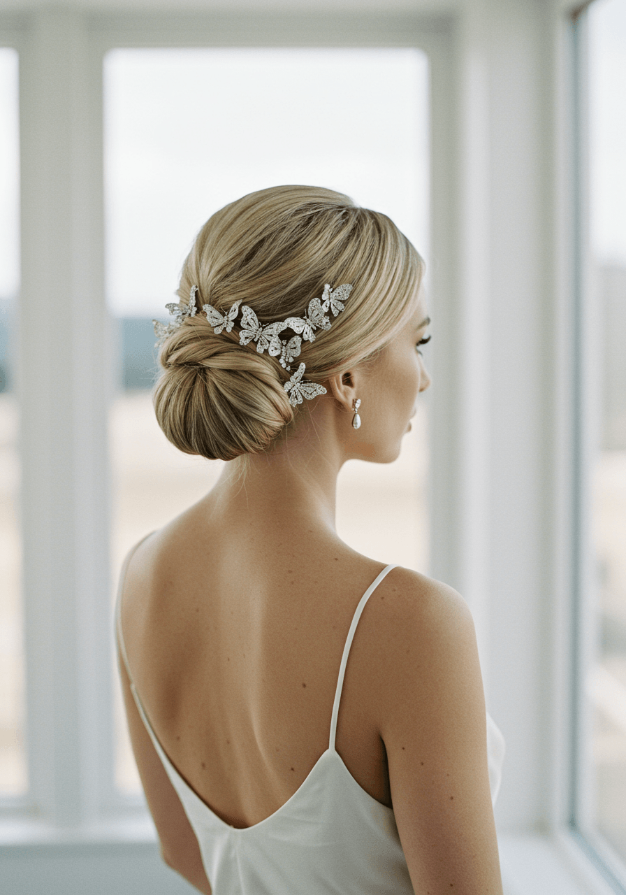 Bride with sleek platinum blonde low chignon updo adorned with delicate silver butterfly hair pins in minimalist bridal suite with natural window light