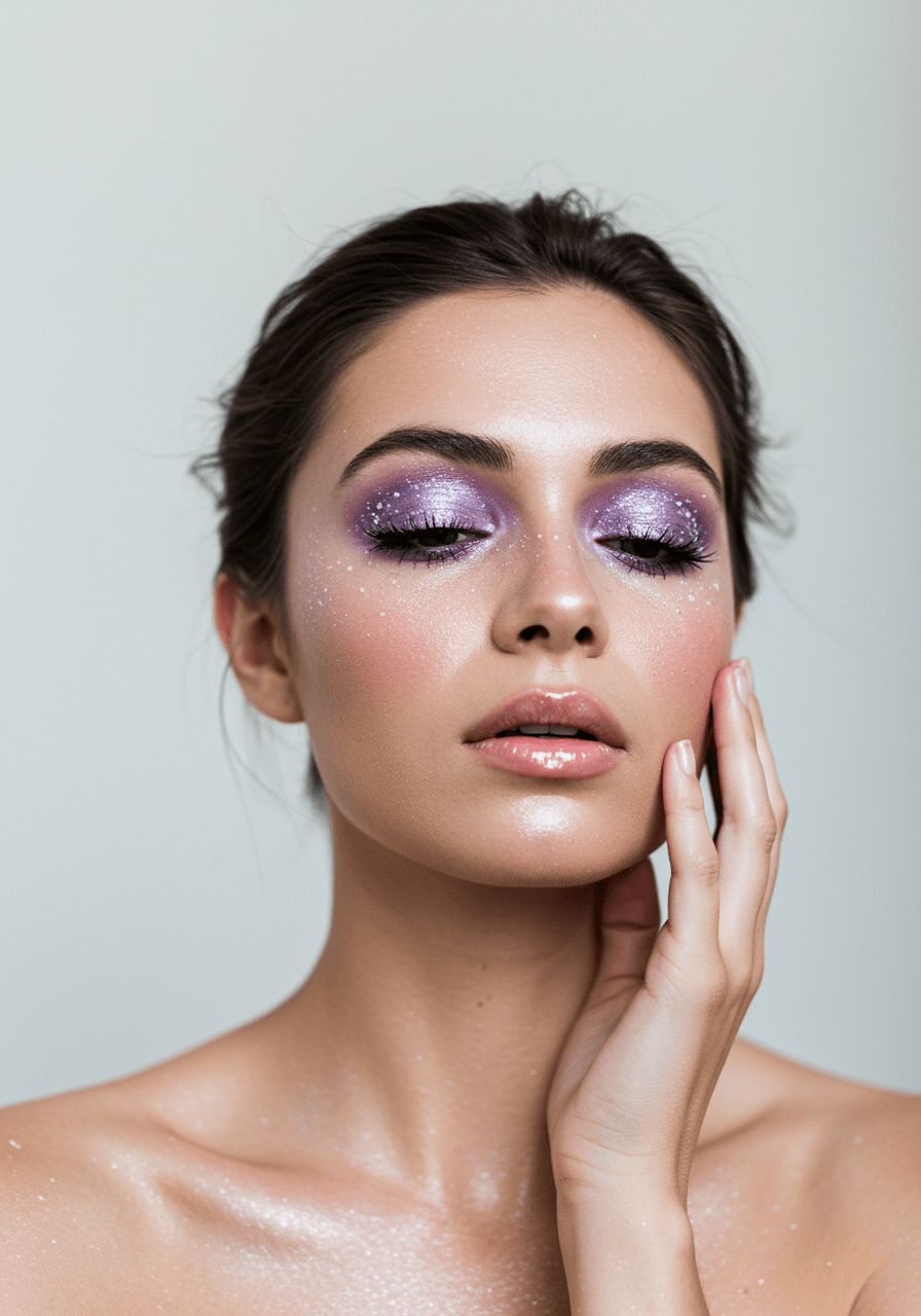 Wide-angle view of Y2K-inspired makeup look with frosted lilac eyeshadow and glossy lips in modern bridal setting