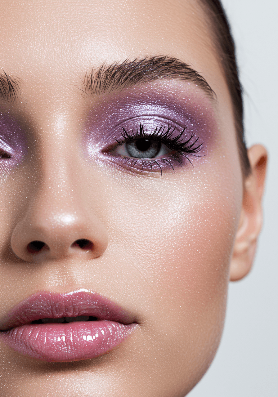 Close-up beauty shot of frosted lilac eyeshadow with metallic shimmer and high-gloss transparent lips in minimalist white studio