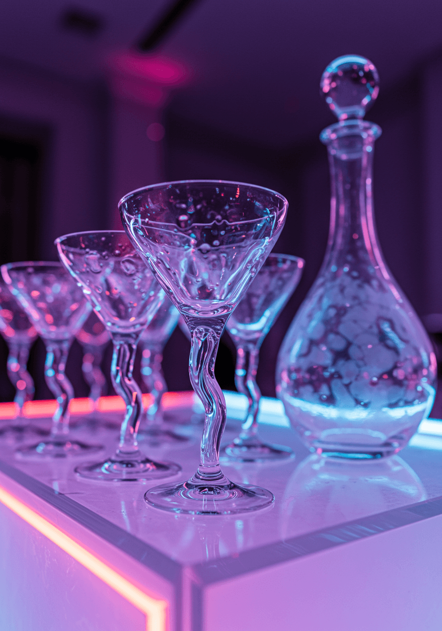 Macro detail of sculptural wavy glass champagne flute with twisted stem and bulbous form under neon accent lighting