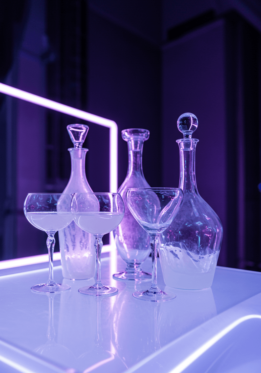 Translucent blob-shaped champagne flutes and serpentine decanters on frosted acrylic bar in modern wedding venue with LED backlighting
