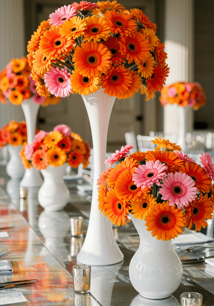 Vibrant orange and pink Gerbera daisy arrangements in sleek high-gloss white ceramic vases on modern wedding reception table during golden hour