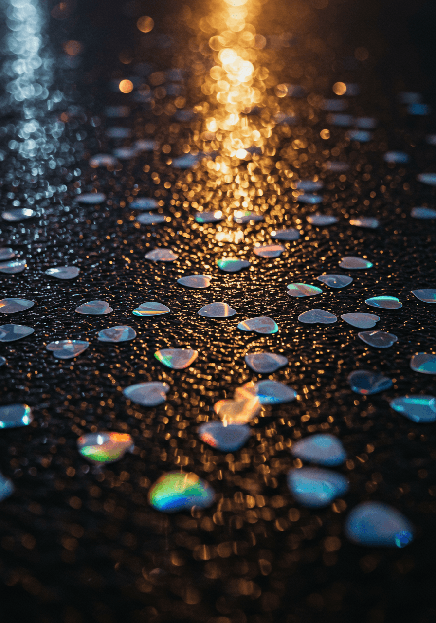 Holographic heart-shaped confetti scattered on wet dark pavement creating rainbow reflections in puddles during twilight with streetlight glow